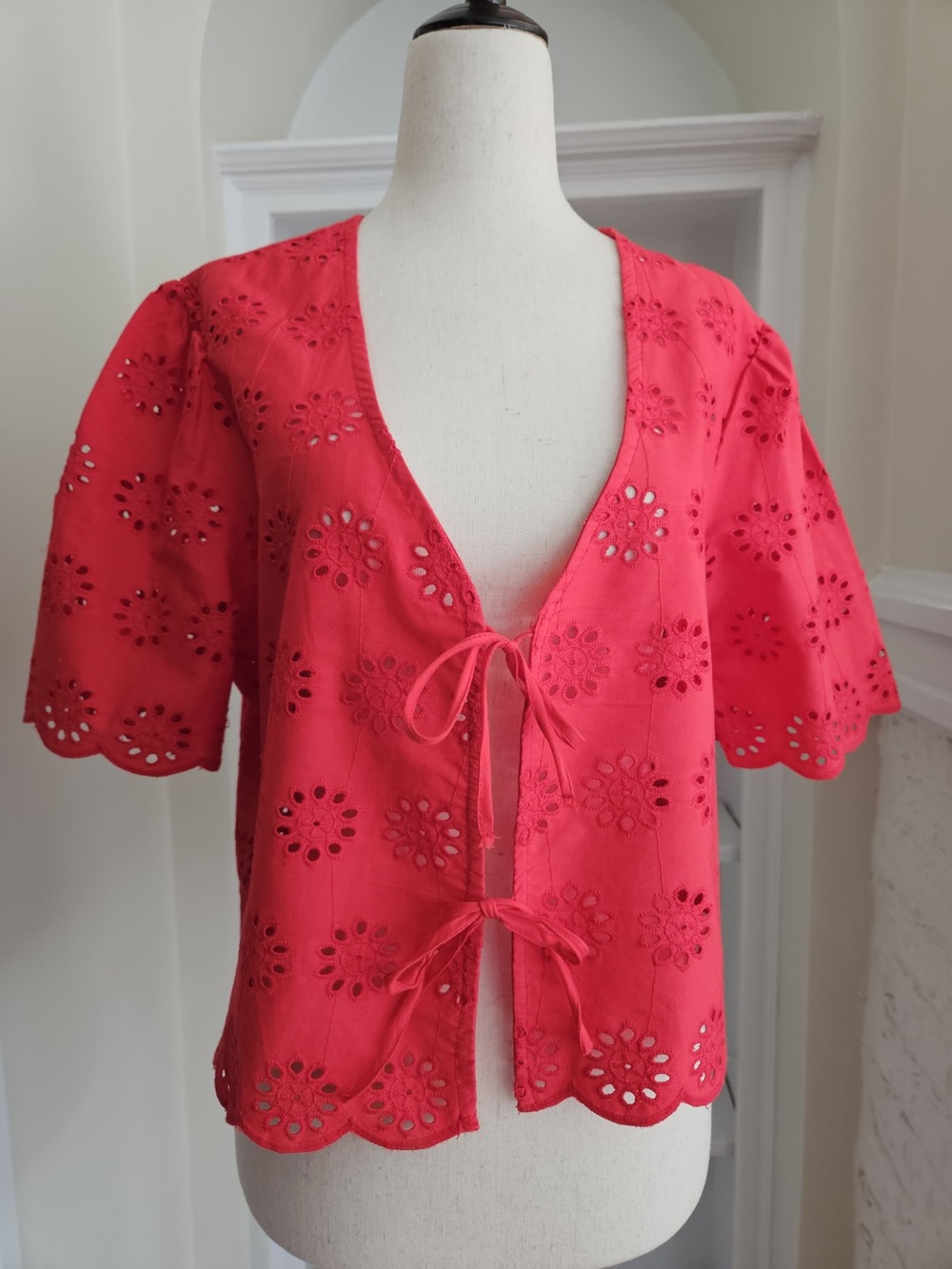 Red/Pink Vibrant Eyelet Tie-Front Blouse, 100% Cotton, Joie Brand